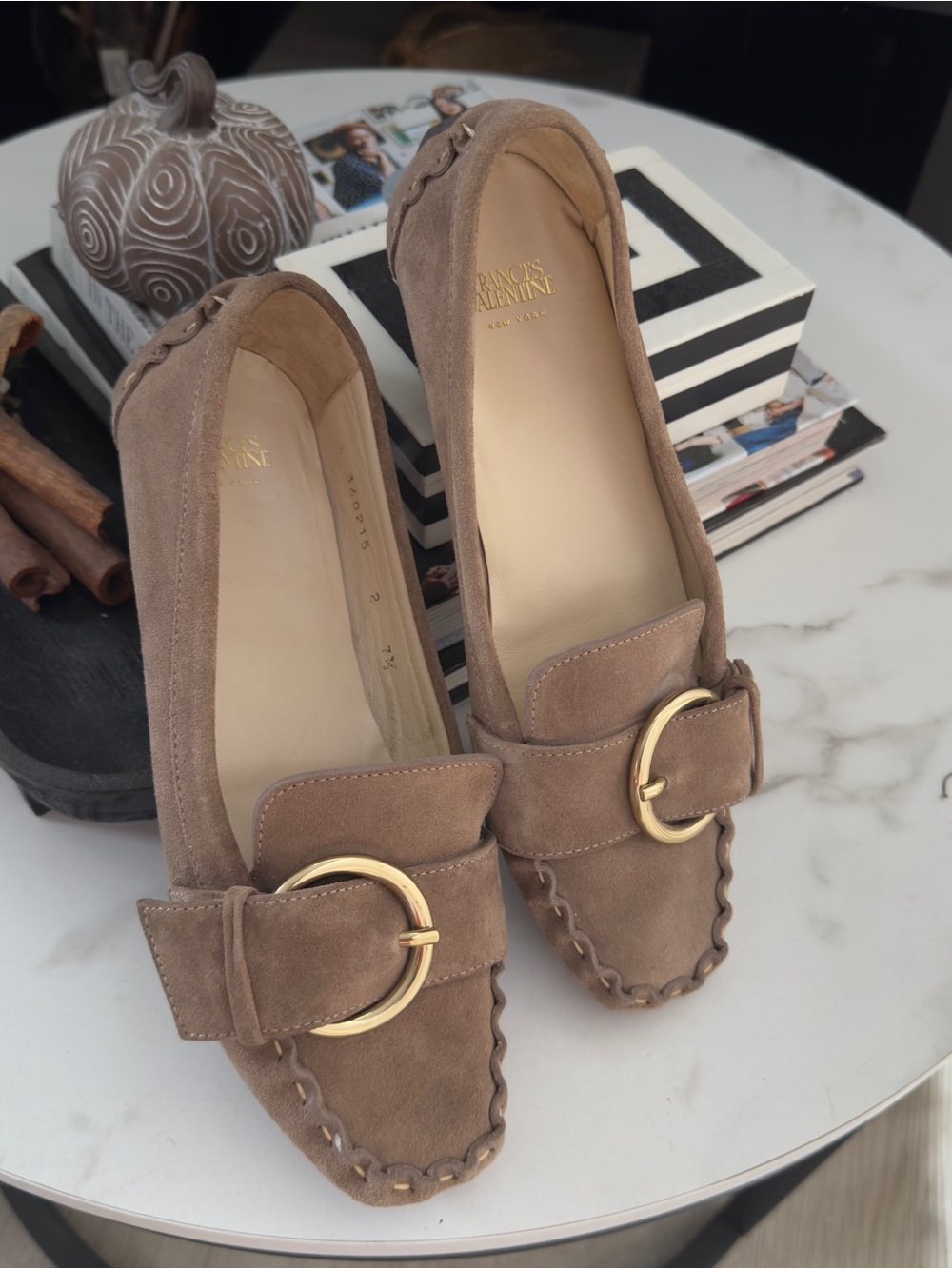 Frances Valentine Taupe Suede Buckle Driving Loafers